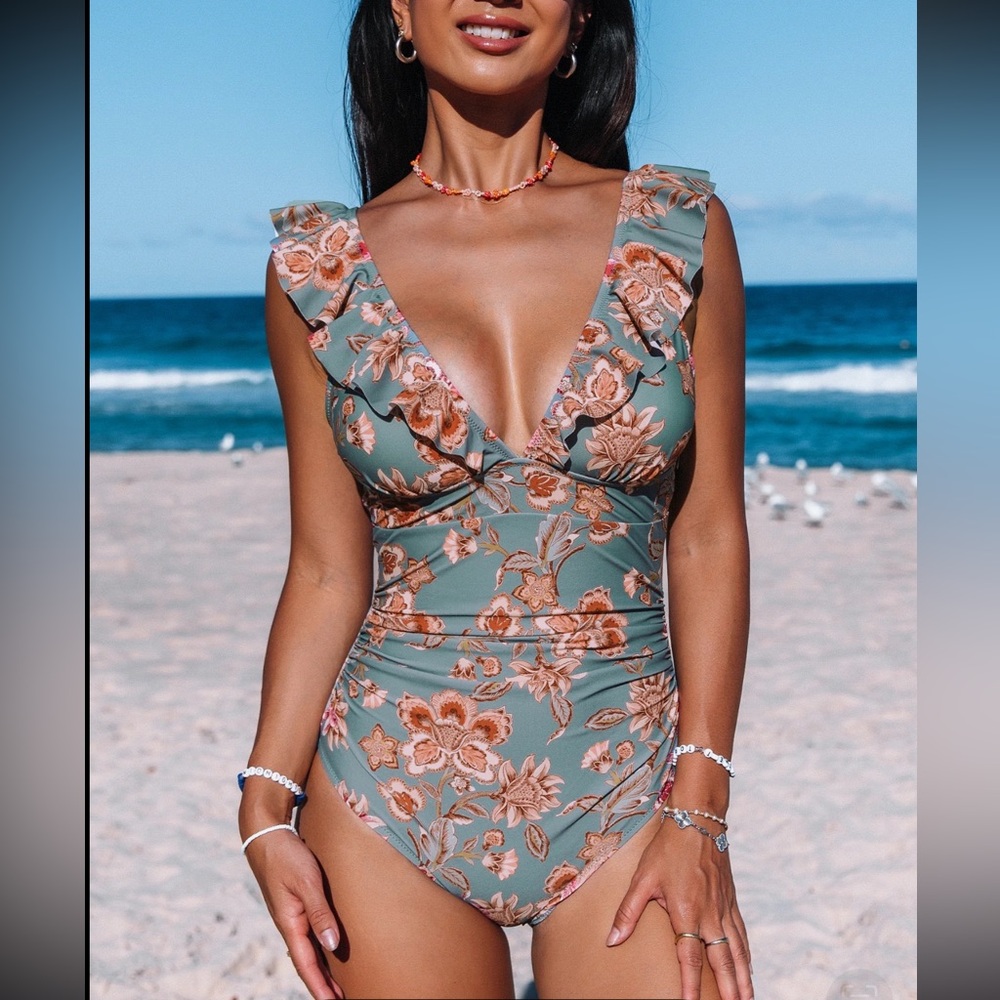 Floral Square Neck One Piece Swimsuit Bikini S NWT